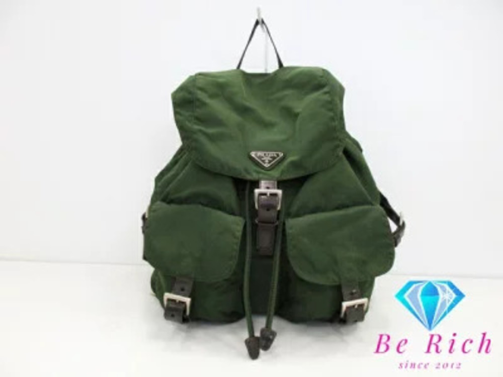 Prada Backpack Rucksack Khaki Green EBANO Leather Pocono Triangle Plate Shoulder